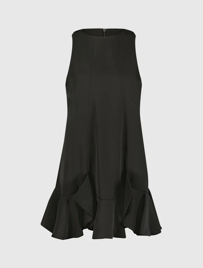 The Mia High Neck Sleeveless Crepe Mini Dress With Ruffle Hem Black Every Day Dresses Mac Duggal Women