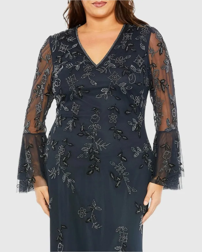 V Neck Embellished Flutter Tiered Long Sleeve Dress Midnight Plus Size Dresses Mac Duggal Women