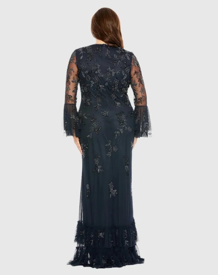 V Neck Embellished Flutter Tiered Long Sleeve Dress Midnight Plus Size Dresses Mac Duggal Women