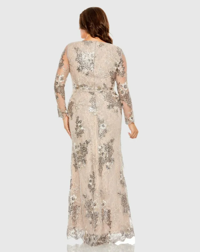 V Neck Mesh Long Sleeve Embroidered Plus Size Dress Taupe Women Plus Size Dresses Mac Duggal V Neck Mesh Long Sleeve Embroidered Plus Size Dress Taupe Women Plus Size Dresses Mac Duggal