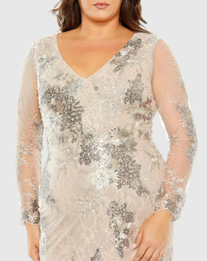 V Neck Mesh Long Sleeve Embroidered Plus Size Dress Taupe Women Plus Size Dresses Mac Duggal V Neck Mesh Long Sleeve Embroidered Plus Size Dress Taupe Women Plus Size Dresses Mac Duggal
