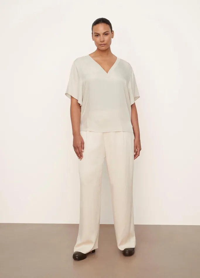 Vince Extended Sizes Women RibTrim Double VNeck Short Sleeve Popover Pale Fawn