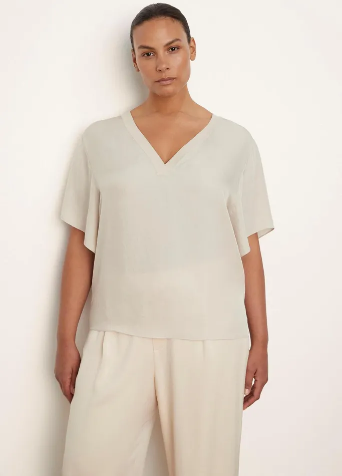 Vince Extended Sizes Women RibTrim Double VNeck Short Sleeve Popover Pale Fawn