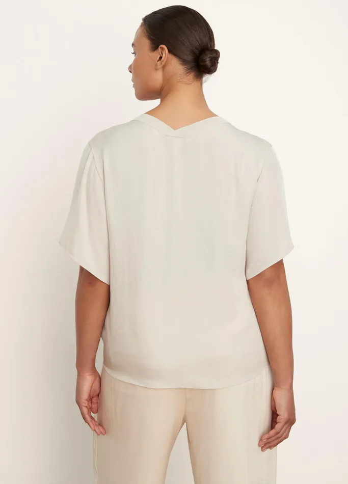 Vince Extended Sizes Women RibTrim Double VNeck Short Sleeve Popover Pale Fawn