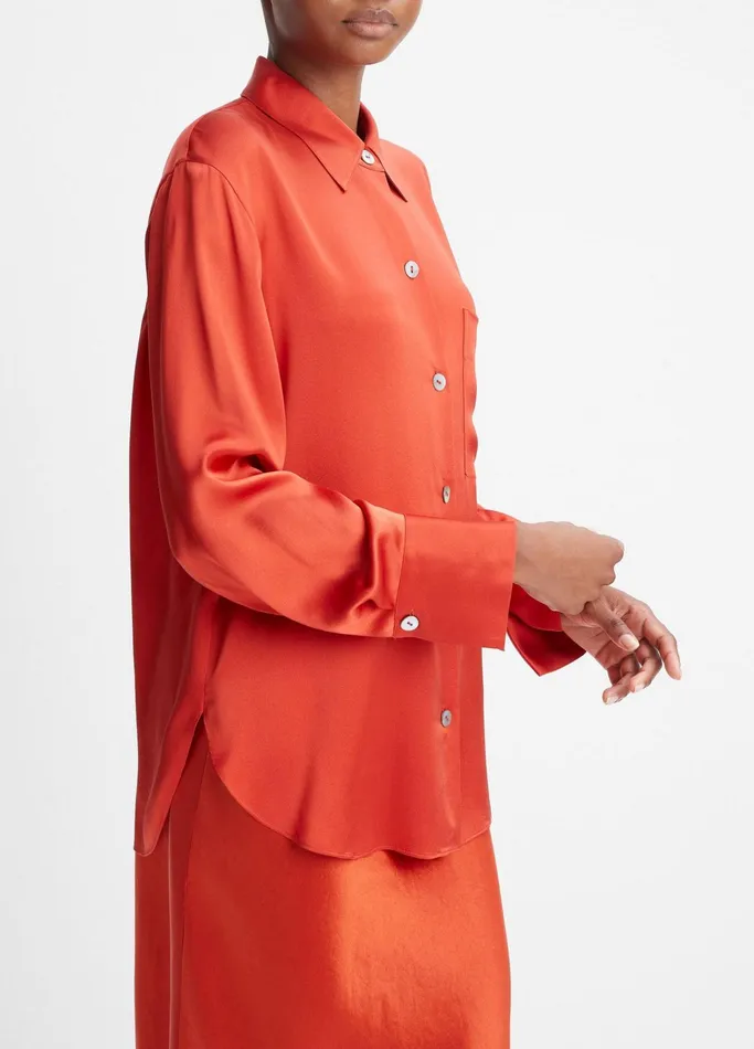 Vince Shirts and Tops Women Silk Relaxed ChestPocket Blouse Vermillion