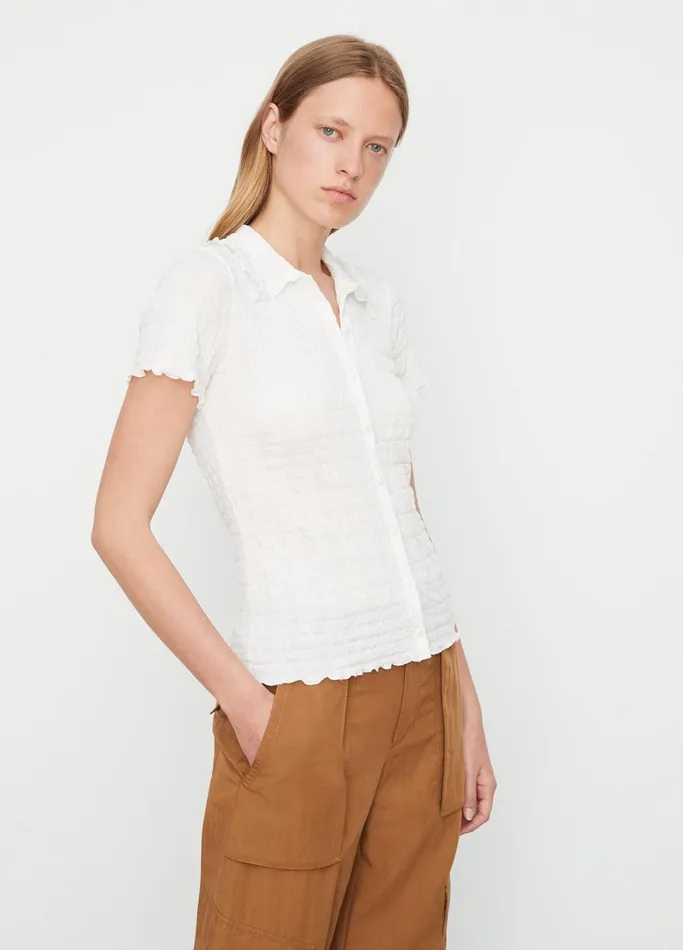Vince Shirts and Tops Women Smocked ShortSleeve ButtonFront Shirt Off White