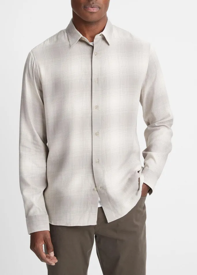 Vince Shirts Men Forest Shadow Plaid Shirt Stone Beachdune Grey