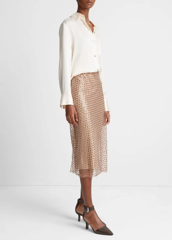 Vince Skirts Women Beaded Sequin Straight Skirt Fawn