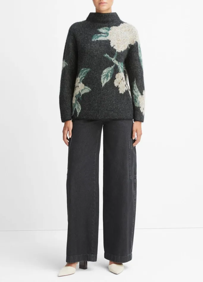 Vince Sweaters Women Brushed Floral Funnel Neck Sweater Black Combo