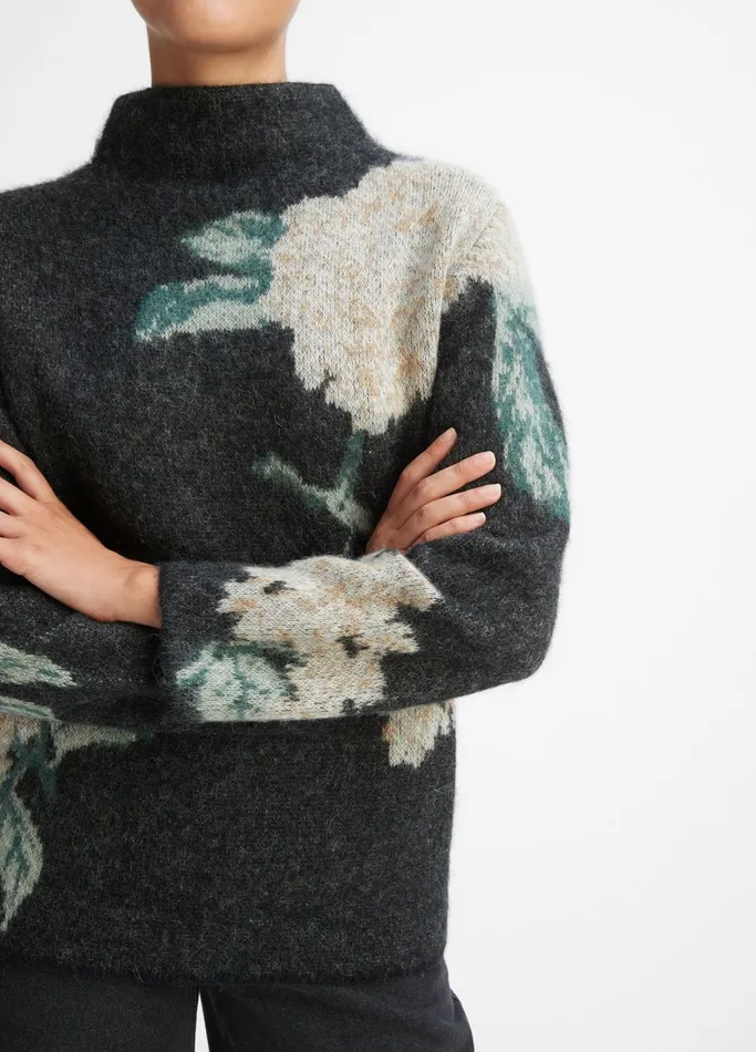 Vince Sweaters Women Brushed Floral Funnel Neck Sweater Black Combo