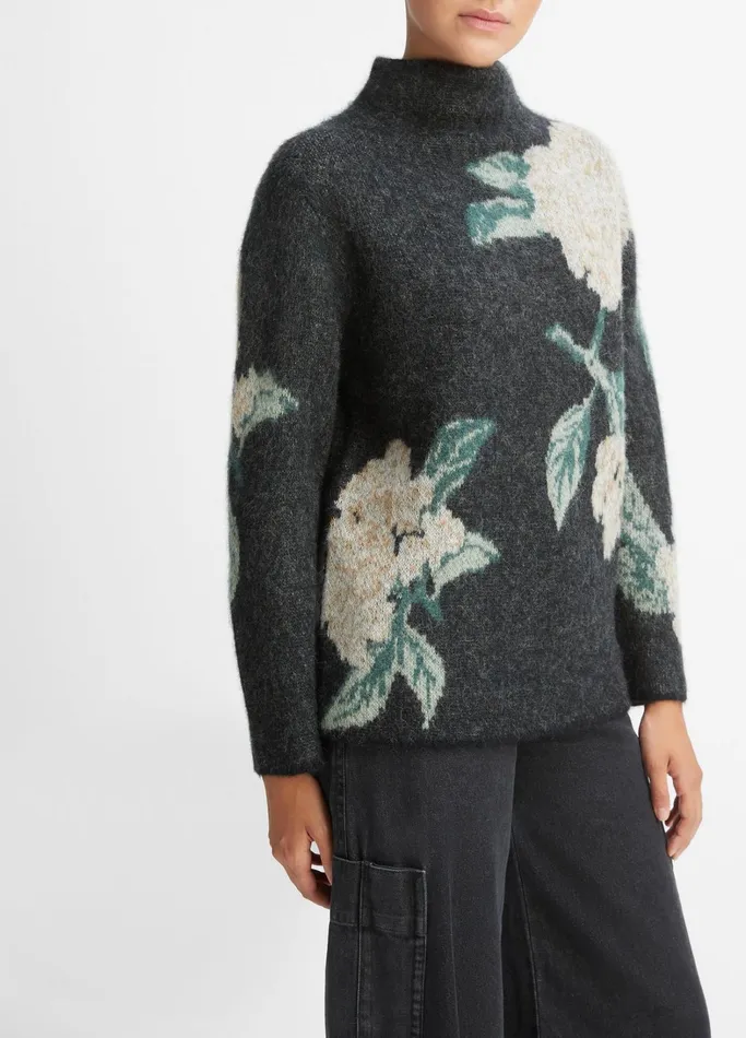 Vince Sweaters Women Brushed Floral Funnel Neck Sweater Black Combo