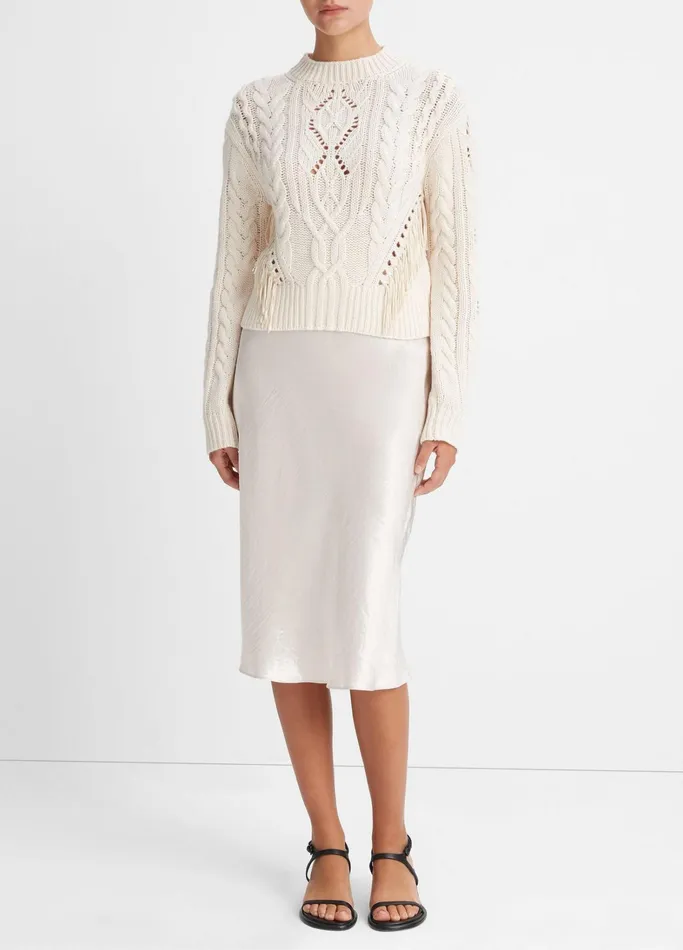 Vince Sweaters Women Fringe Merino WoolCashmere Cable Sweater Cream