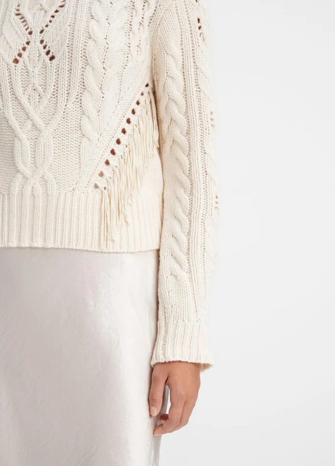 Vince Sweaters Women Fringe Merino WoolCashmere Cable Sweater Cream