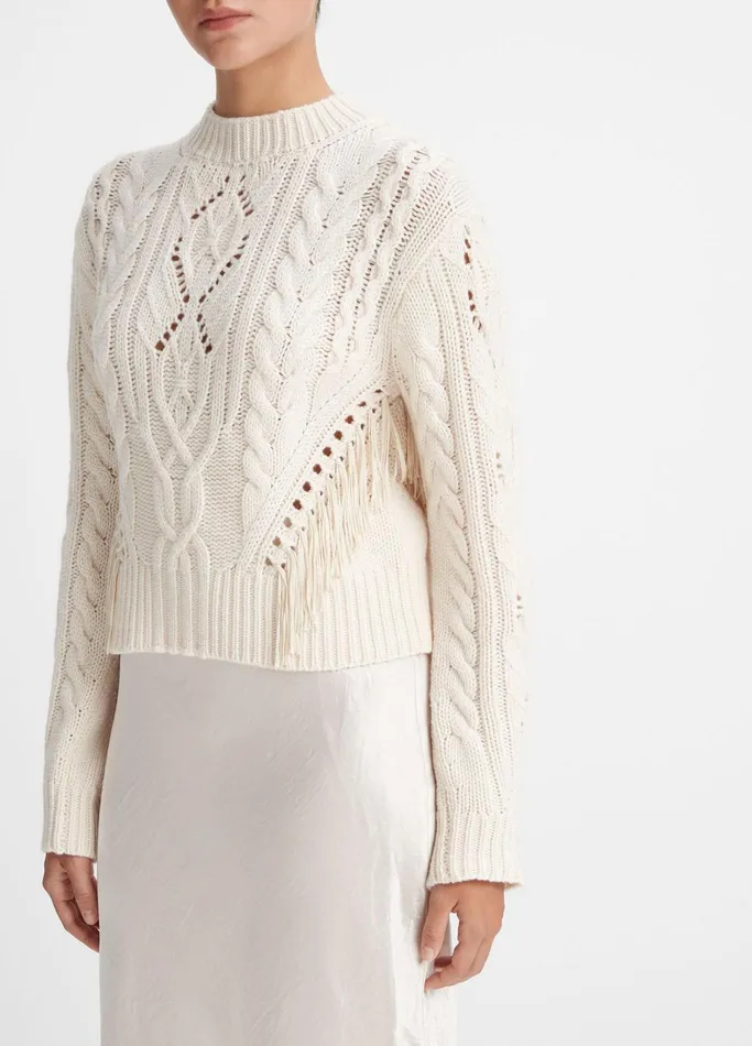 Vince Sweaters Women Fringe Merino WoolCashmere Cable Sweater Cream