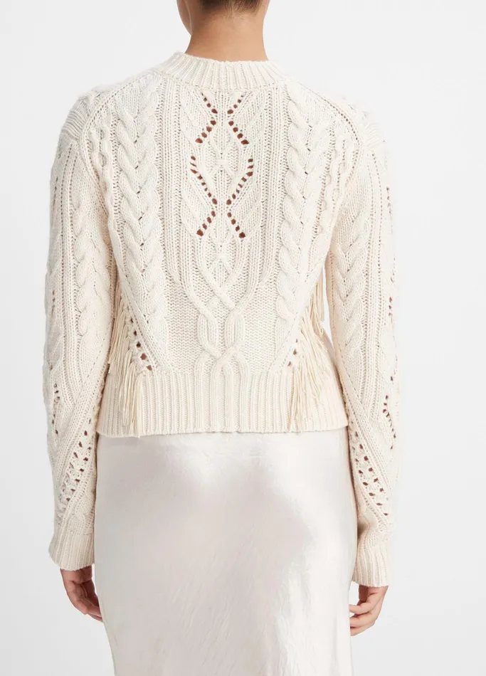 Vince Sweaters Women Fringe Merino WoolCashmere Cable Sweater Cream