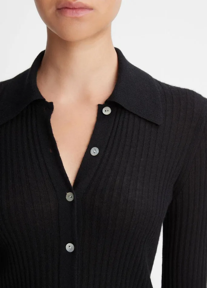 Vince Sweaters Women Ribbed CashmereSilk ButtonFront Polo Sweater Black