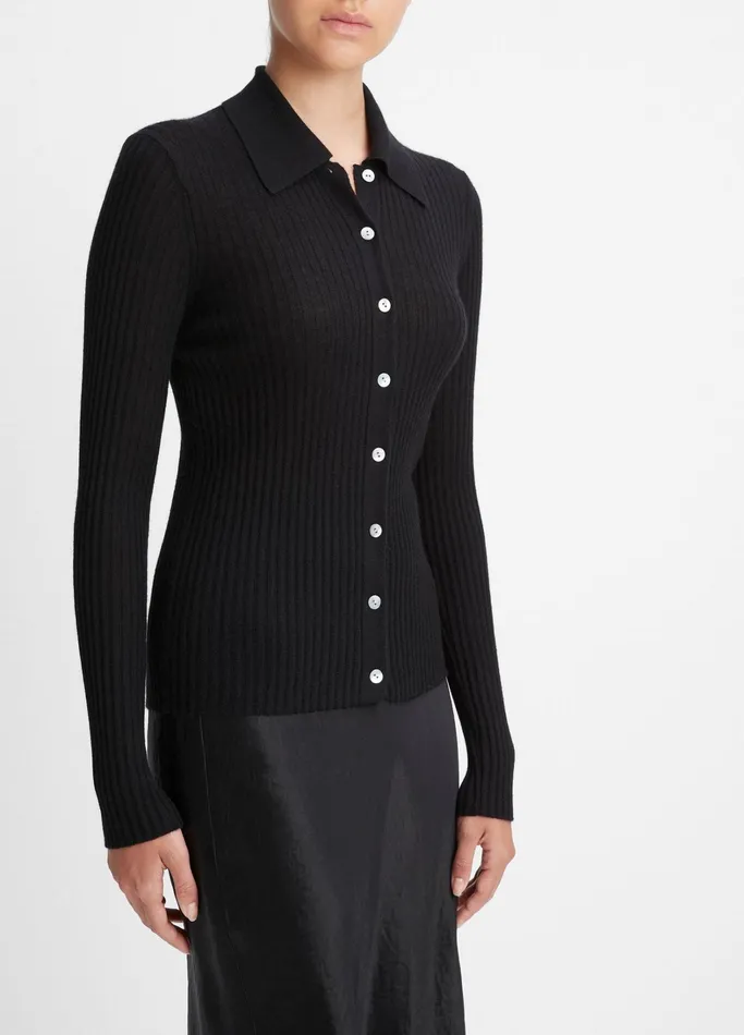 Vince Sweaters Women Ribbed CashmereSilk ButtonFront Polo Sweater Black