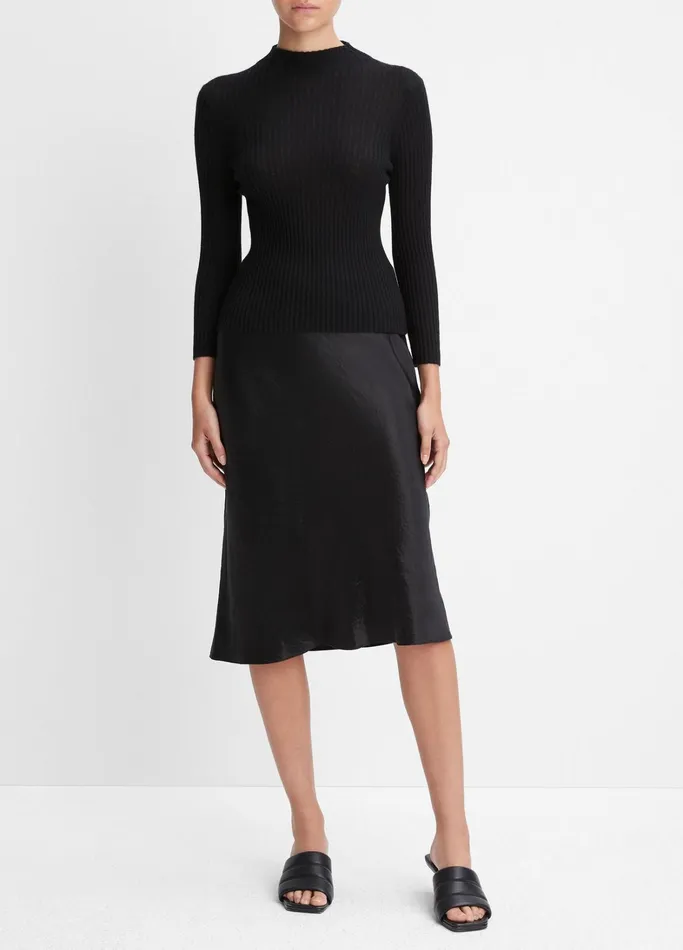 Vince Sweaters Women Ribbed CashmereSilk Mock Neck Sweater Black