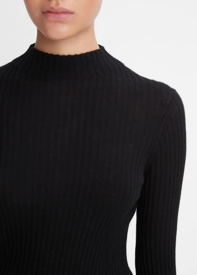 Vince Sweaters Women Ribbed CashmereSilk Mock Neck Sweater Black
