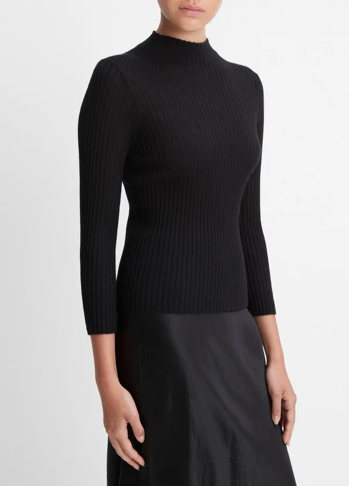 Vince Sweaters Women Ribbed CashmereSilk Mock Neck Sweater Black
