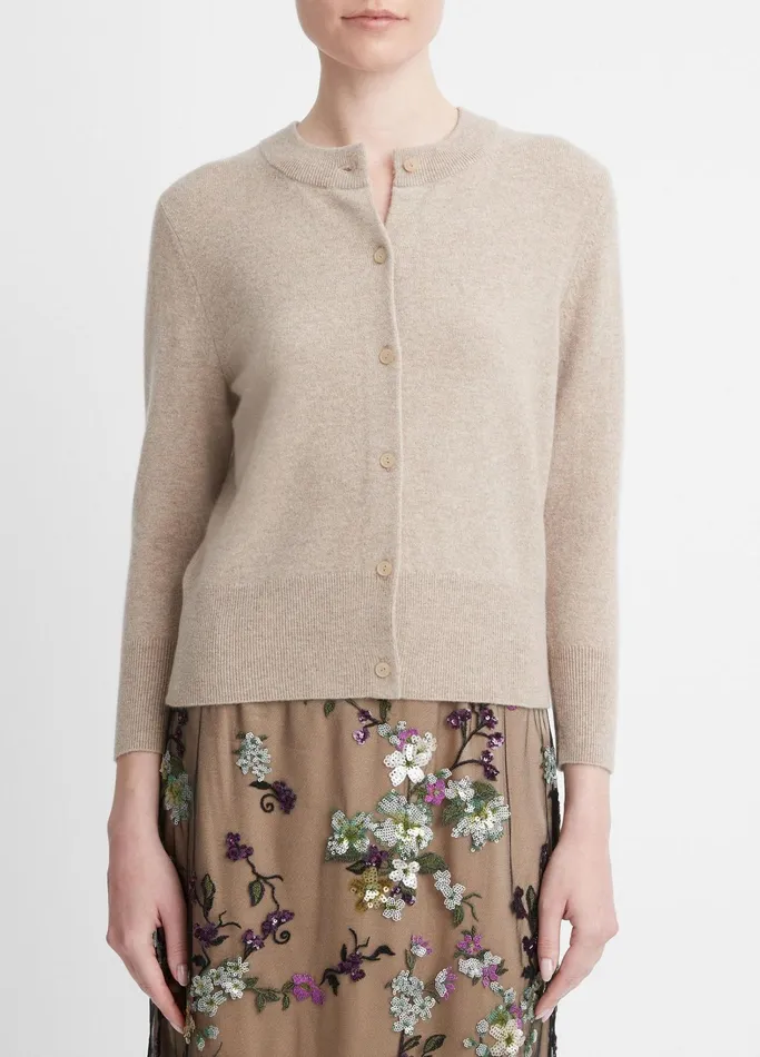 Vince Sweaters Women WoolBlend ThreeQuarterSleeve Shrunken Cardigan Heather Hazel Cream