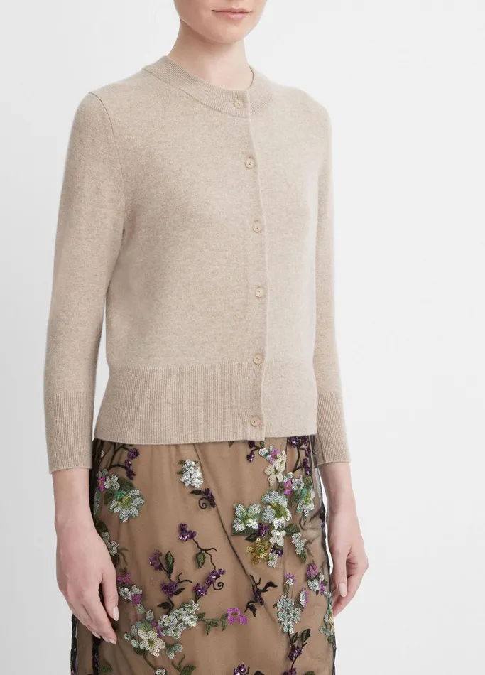 Vince Sweaters Women WoolBlend ThreeQuarterSleeve Shrunken Cardigan Heather Hazel Cream
