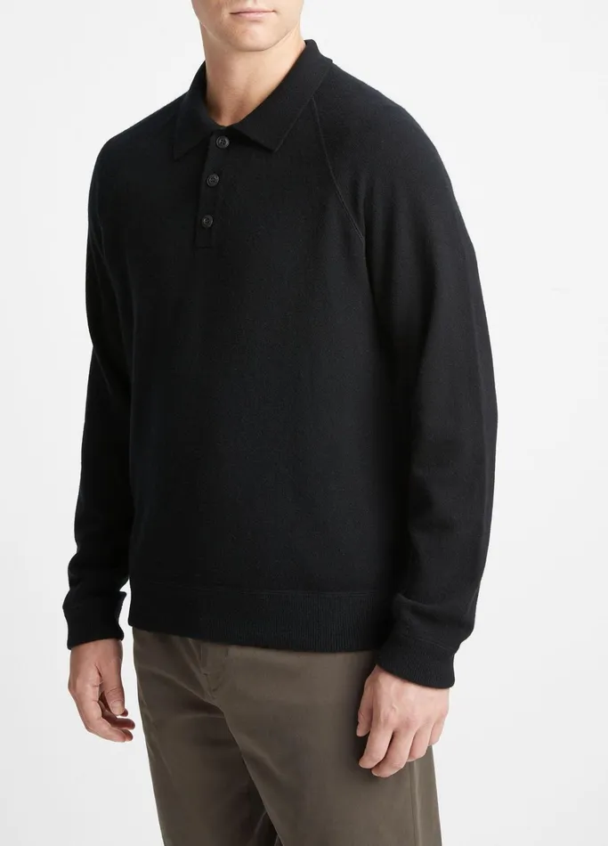 Vince TShirts and Polos Men Cashmere LongSleeve Polo Sweater Blackmedium Heather Grey