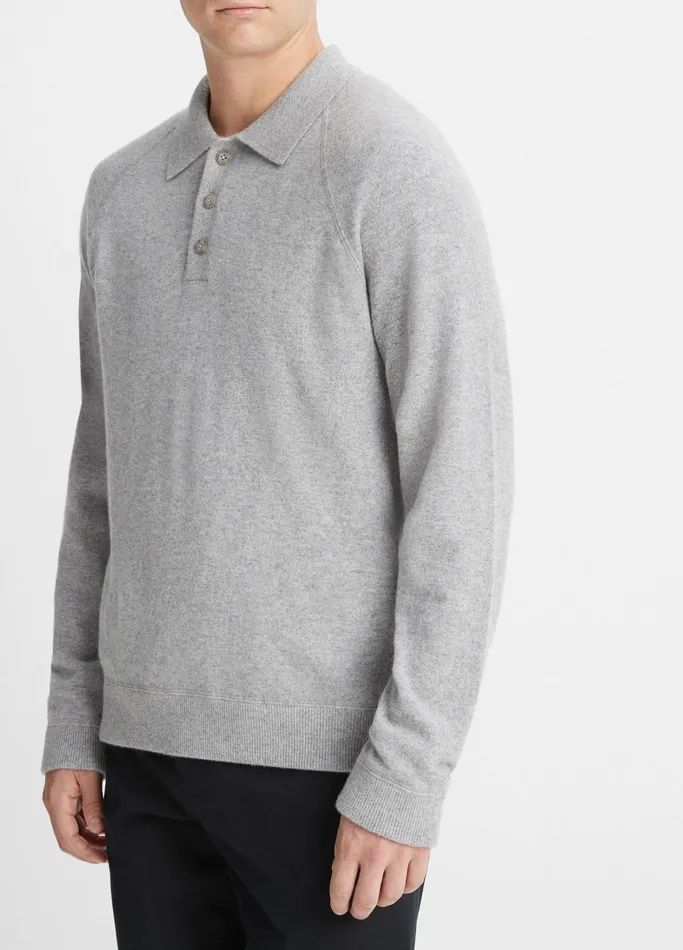 Vince TShirts and Polos Men Cashmere LongSleeve Polo Sweater Heather Greymedium Heather Grey