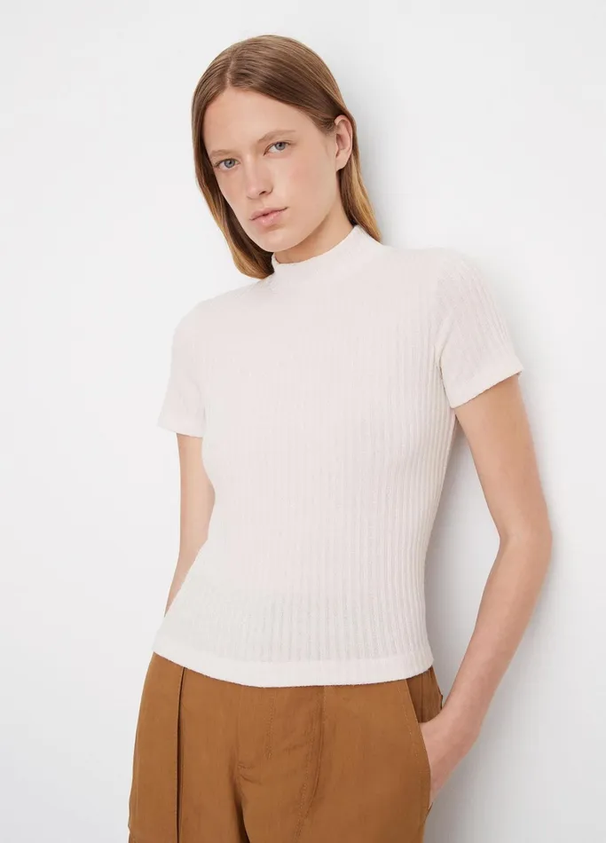Vince TShirts Women Ribbed MockNeck ShortSleeve Top Feather