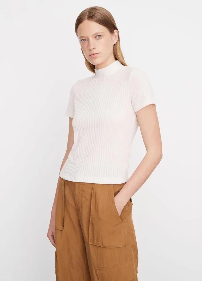 Vince TShirts Women Ribbed MockNeck ShortSleeve Top Feather