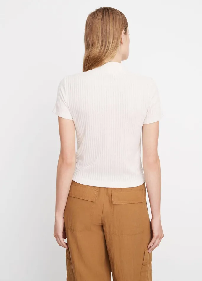 Vince TShirts Women Ribbed MockNeck ShortSleeve Top Feather