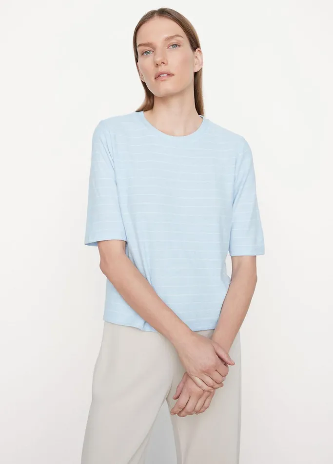Vince TShirts Women Striped Relaxed Elbow Sleeve TShirt Skyoff White