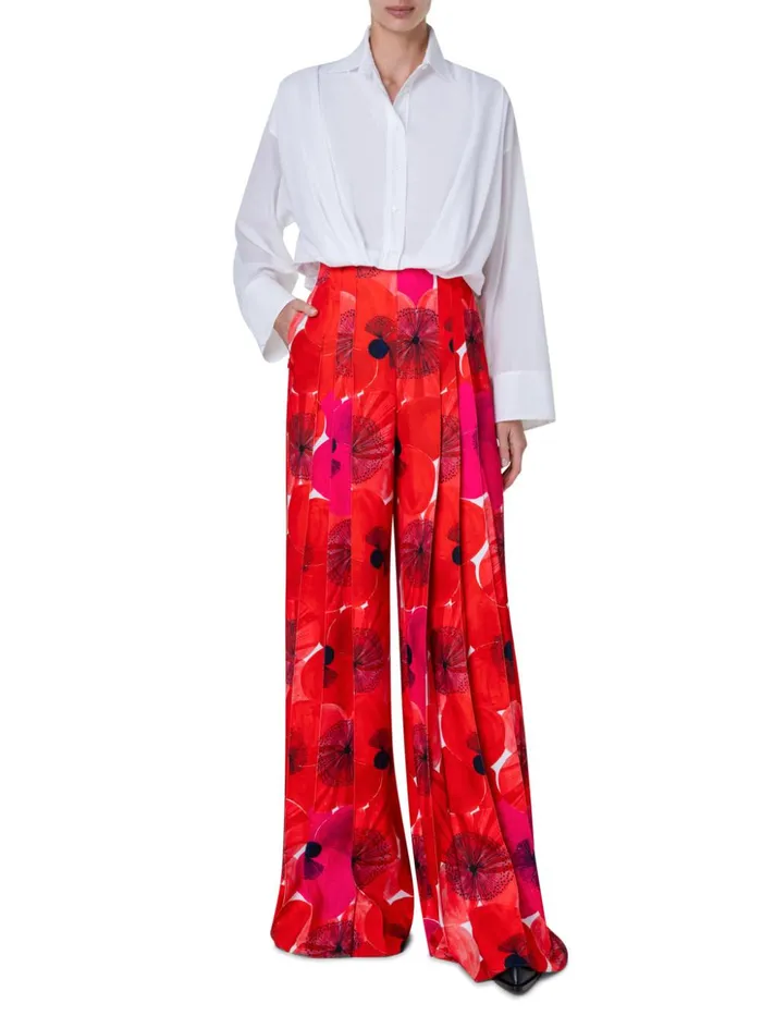 Wide Pleated Pant With Poppy Print Poppy Women Akris Pants