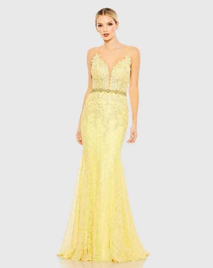 Women Applique Sleeveless Plunge Neck Trumpet Gown Lemon Evening Gowns Mac Duggal