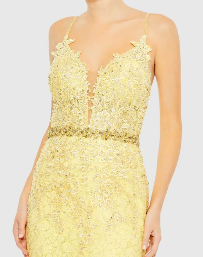 Women Applique Sleeveless Plunge Neck Trumpet Gown Lemon Evening Gowns Mac Duggal