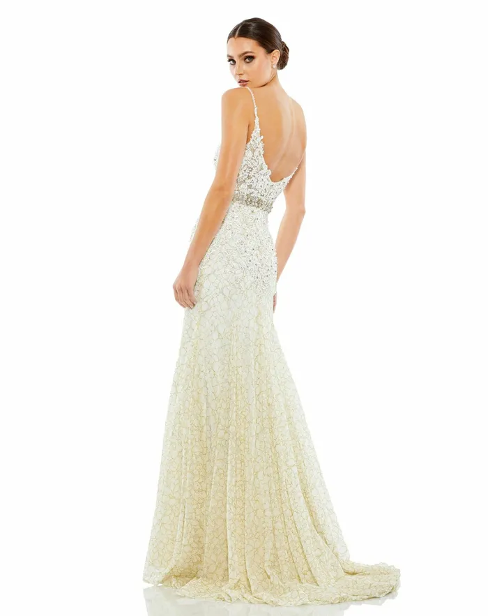 Women Applique Sleeveless Plunge Neck Trumpet Gown Lemon Evening Gowns Mac Duggal