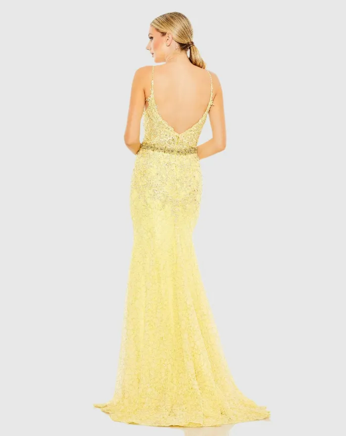 Women Applique Sleeveless Plunge Neck Trumpet Gown Lemon Evening Gowns Mac Duggal