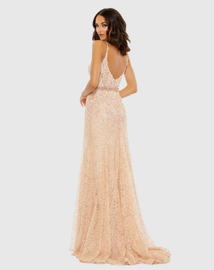 Women Applique Sleeveless Plunge Neck Trumpet Gown Lemon Evening Gowns Mac Duggal