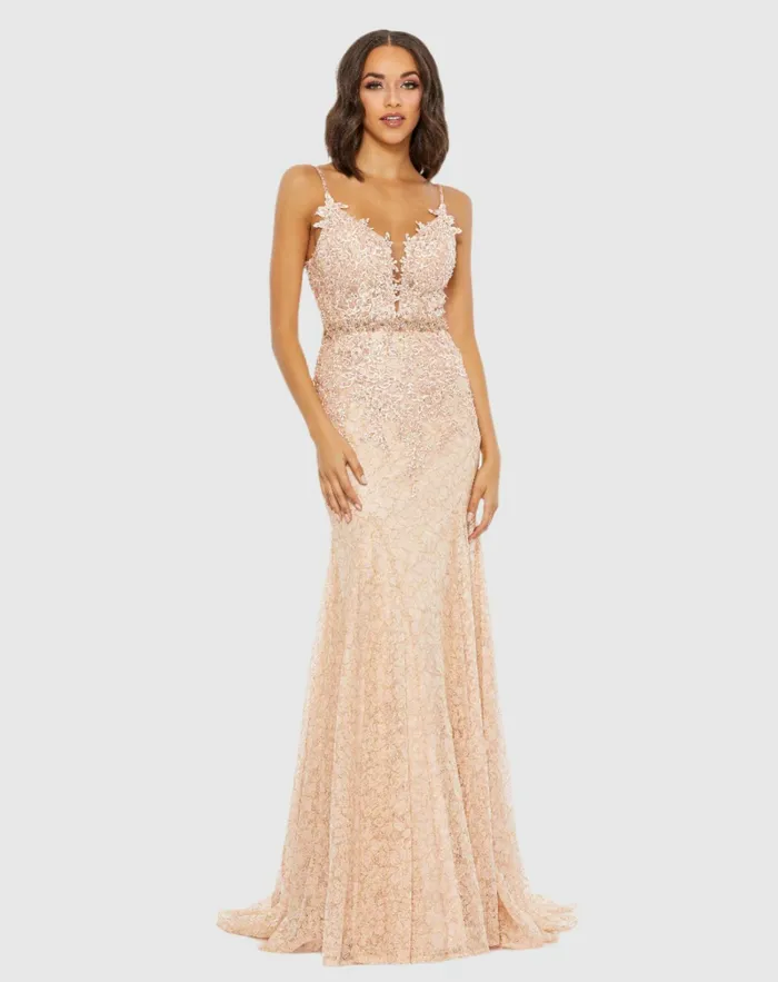 Women Applique Sleeveless Plunge Neck Trumpet Gown Lemon Evening Gowns Mac Duggal