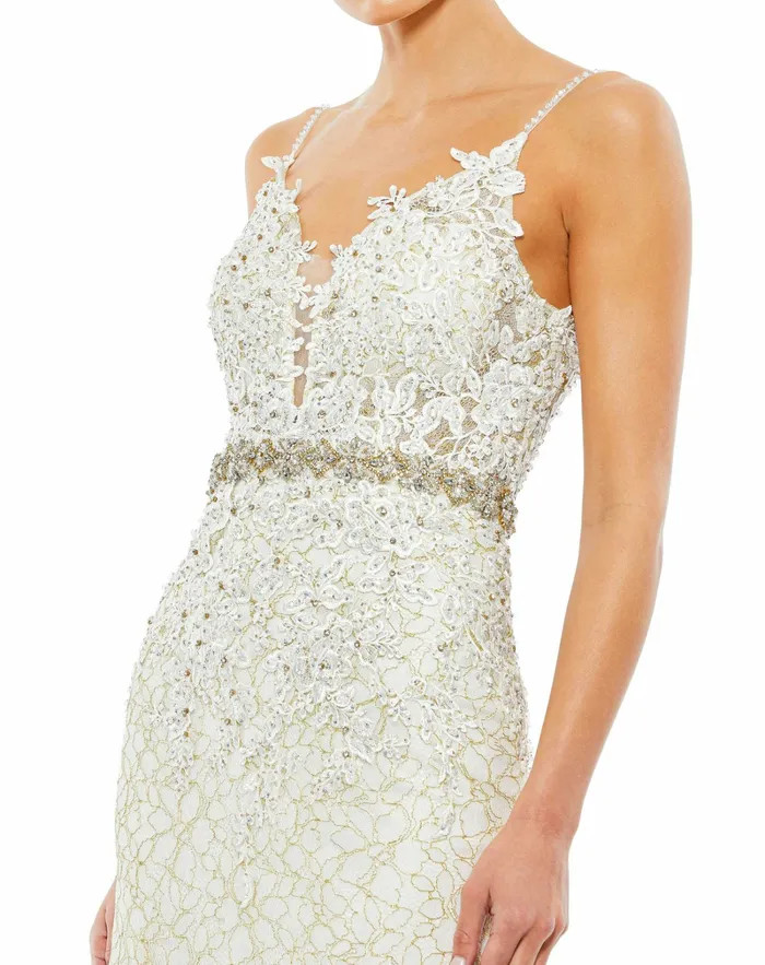 Women Applique Sleeveless Plunge Neck Trumpet Gown Lemon Evening Gowns Mac Duggal