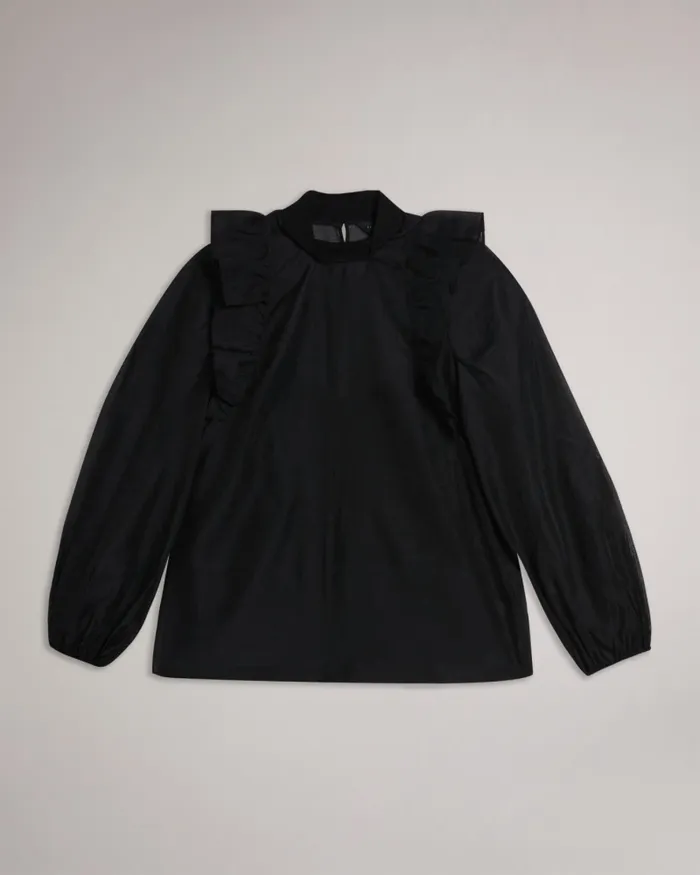 Women AUBREEI 8211 Frilled Shoulder Organza Top Black Ted Baker Tops and Blouses