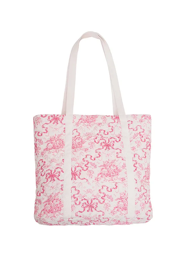 Women Bags and Travel LoveShackFancy Henderson Cotton Bow Print Tote Bubblegum Blast