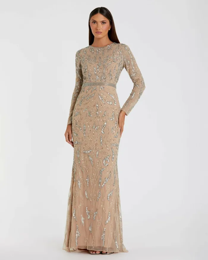 Women Best Sellers Mac Duggal Beige Beaded Long Sleeve Evening Gown Mocha