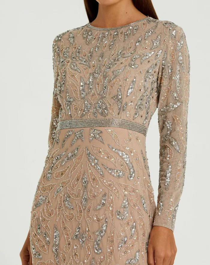 Women Best Sellers Mac Duggal Beige Beaded Long Sleeve Evening Gown Mocha