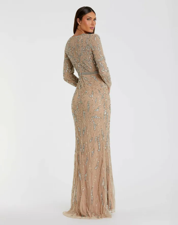 Women Best Sellers Mac Duggal Beige Beaded Long Sleeve Evening Gown Mocha