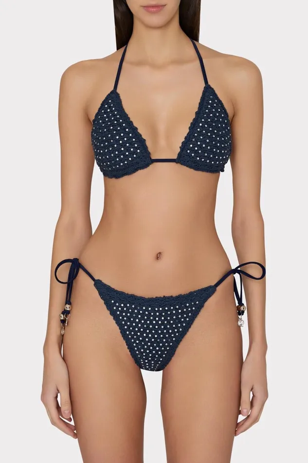 Women Bikinis Milly Glimmer Crochet Bikini Top With Crystal Applique Navy