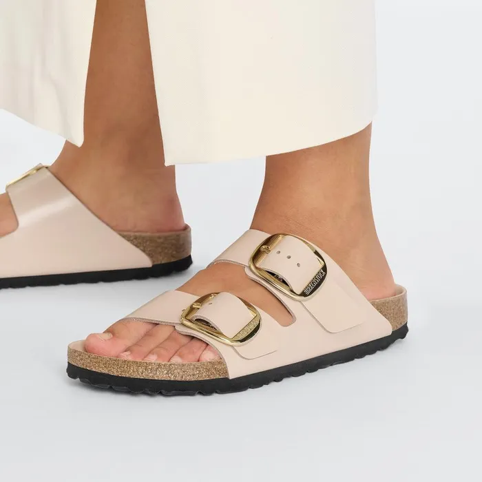 Women Birkenstock TwoStrap Arizona Big Buckle High Shine New Beige