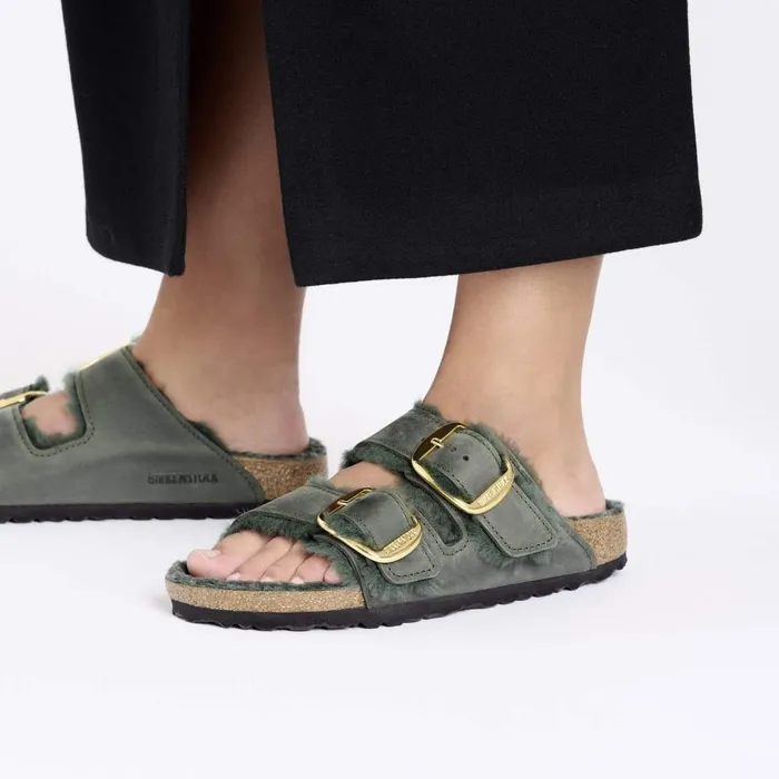 Women Birkenstock TwoStrap Arizona Big Buckle Shearling Thyme