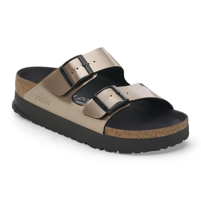 Women Birkenstock TwoStrap Arizona Flex Platform Electric Metallic Taupe