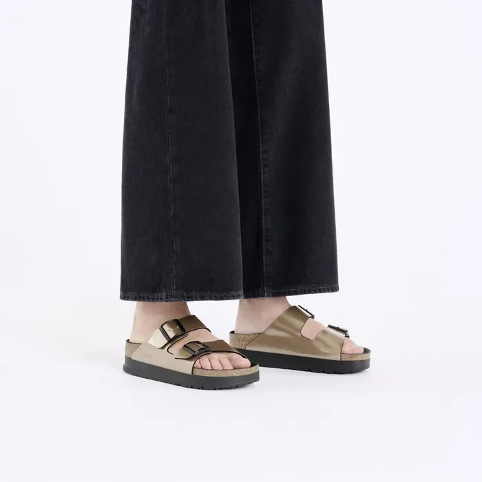 Women Birkenstock TwoStrap Arizona Flex Platform Electric Metallic Taupe